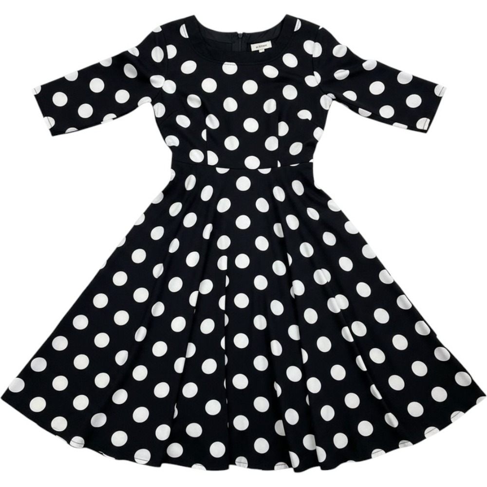 Luomeidisha Polka Dot Fit‎ and Flare Midi Dress Black White 3/4 Sleeve Small